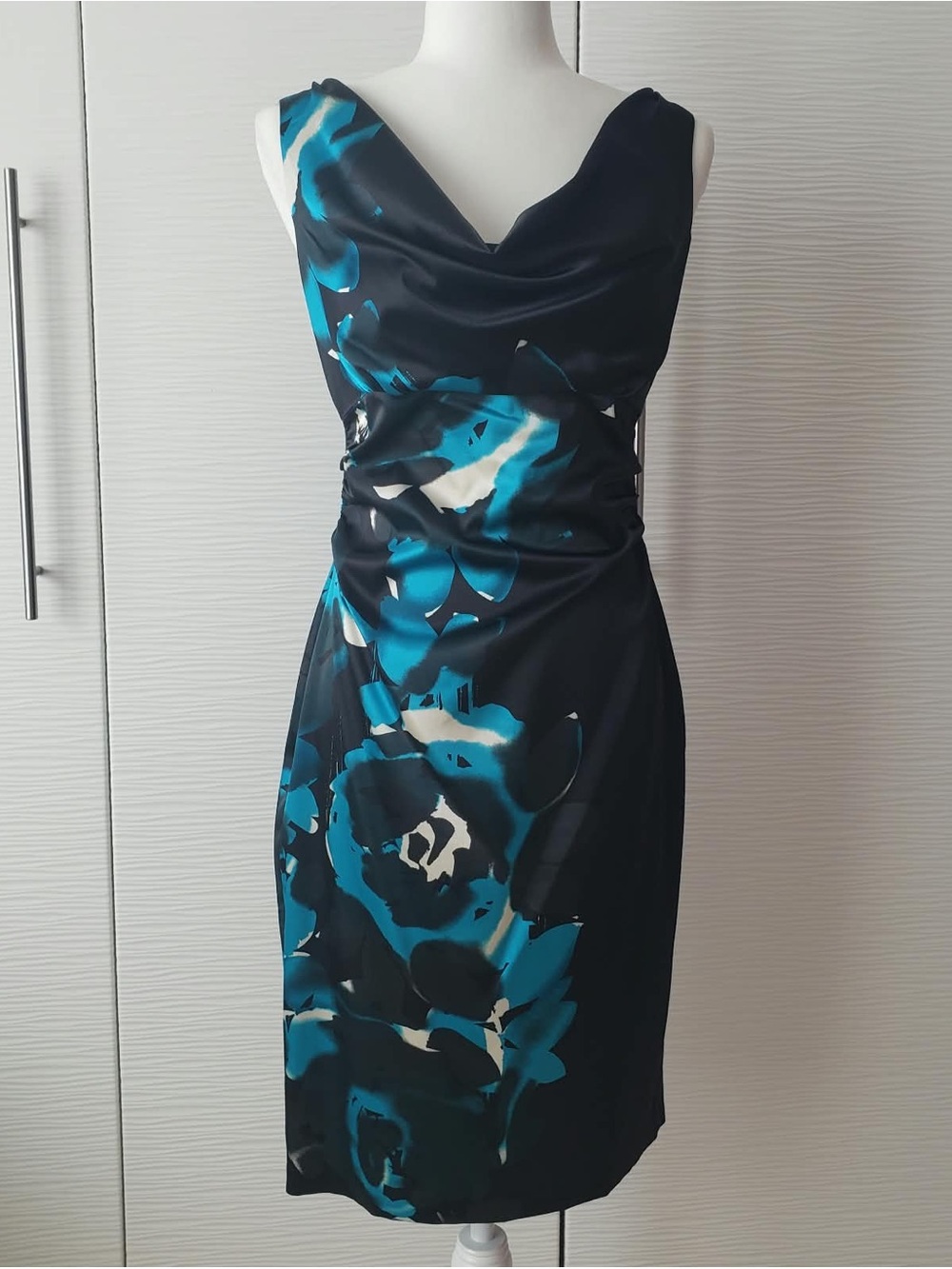 London Times Black and Teal Floral Cowl-Neck Midi Dress
